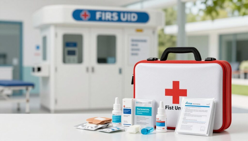 A professional first aid kit displayed prominently in the foreground, showcasing an organized array of supplies such as bandages, antiseptics, and instructional guides, all neatly arranged. In the middle ground, a sterile setting with a modern first aid station incorporating elements specified in DIN standards, emphasizing safety and preparedness. The background features a calming clinic or outdoor space, softly lit by natural light, creating a sense of trust and security. The scene captures a mood of readiness and assurance, inspiring confidence in emergency preparedness. A shallow depth of field highlights the first aid kit, with clear focus on details, while the background remains softly blurred to maintain context and professionalism. A professional first aid kit displayed prominently in the foreground, showcasing an organized array of supplies such as bandages, antiseptics, and instructional guides, all neatly arranged. In the middle ground, a sterile setting with a modern first aid station incorporating elements specified in DIN standards, emphasizing safety and preparedness. The background features a calming clinic or outdoor space, softly lit by natural light, creating a sense of trust and security. The scene captures a mood of readiness and assurance, inspiring confidence in emergency preparedness. A shallow depth of field highlights the first aid kit, with clear focus on details, while the background remains softly blurred to maintain context and professionalism.