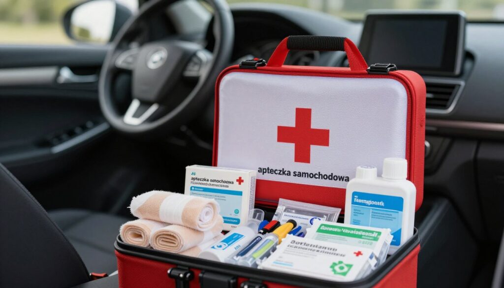 A professional first aid kit for vehicles, labeled "apteczka samochodowa," is displayed prominently in the foreground, showcasing various essential medical supplies like bandages, antiseptics, and tools neatly organized. The middle ground features a blurred background of a vehicle interior, emphasizing safety while suggesting the context of a car emergency. Soft, natural lighting highlights the kit’s contents, creating a sense of trust and reliability. The angle is slightly above eye level, giving a comprehensive view of the kit. The atmosphere is calm and serious, indicating the importance of being prepared for emergencies. No people are present, ensuring the focus remains on the first aid kit without distractions. A professional first aid kit for vehicles, labeled "apteczka samochodowa," is displayed prominently in the foreground, showcasing various essential medical supplies like bandages, antiseptics, and tools neatly organized. The middle ground features a blurred background of a vehicle interior, emphasizing safety while suggesting the context of a car emergency. Soft, natural lighting highlights the kit’s contents, creating a sense of trust and reliability. The angle is slightly above eye level, giving a comprehensive view of the kit. The atmosphere is calm and serious, indicating the importance of being prepared for emergencies. No people are present, ensuring the focus remains on the first aid kit without distractions.