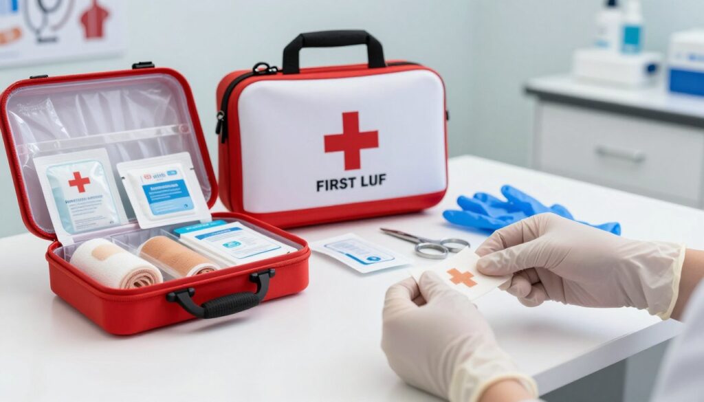 A professional first aid kit laid out on a clean, sterile surface in a well-lit room. The kit is open, revealing a variety of essential medical supplies: bandages, antiseptic wipes, scissors, and gloves, all organized neatly. In the foreground, focus on a pair of gloved hands preparing a sterile bandage, showcasing the importance of safety and hygiene. In the middle, display the first aid kit with its bright red and white colors, symbolizing emergency care. The background features subtle medical posters and equipment to emphasize a professional environment. The lighting is bright and even, highlighting the details and colors of the supplies, creating a sense of readiness and professionalism in the atmosphere. A professional first aid kit laid out on a clean, sterile surface in a well-lit room. The kit is open, revealing a variety of essential medical supplies: bandages, antiseptic wipes, scissors, and gloves, all organized neatly. In the foreground, focus on a pair of gloved hands preparing a sterile bandage, showcasing the importance of safety and hygiene. In the middle, display the first aid kit with its bright red and white colors, symbolizing emergency care. The background features subtle medical posters and equipment to emphasize a professional environment. The lighting is bright and even, highlighting the details and colors of the supplies, creating a sense of readiness and professionalism in the atmosphere.