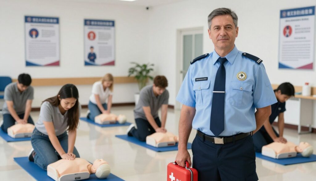 A professional rescue worker in a formal uniform stands confidently in the foreground, holding a first aid kit. The worker, a middle-aged man, exudes authority and competence, showcasing the role of a rescuer within the medical system. In the middle ground, a scene of a medical training session unfolds, with diverse individuals attentively practicing CPR on manikins, illustrating the importance of qualified first aid training. The background features a well-lit training facility, with medical posters on the walls emphasizing legal aspects of rescue operations. Soft, natural lighting enhances the focus on the subjects, creating a serious yet hopeful atmosphere. The angle is slightly elevated, capturing both the action and the setting effectively. A professional rescue worker in a formal uniform stands confidently in the foreground, holding a first aid kit. The worker, a middle-aged man, exudes authority and competence, showcasing the role of a rescuer within the medical system. In the middle ground, a scene of a medical training session unfolds, with diverse individuals attentively practicing CPR on manikins, illustrating the importance of qualified first aid training. The background features a well-lit training facility, with medical posters on the walls emphasizing legal aspects of rescue operations. Soft, natural lighting enhances the focus on the subjects, creating a serious yet hopeful atmosphere. The angle is slightly elevated, capturing both the action and the setting effectively.