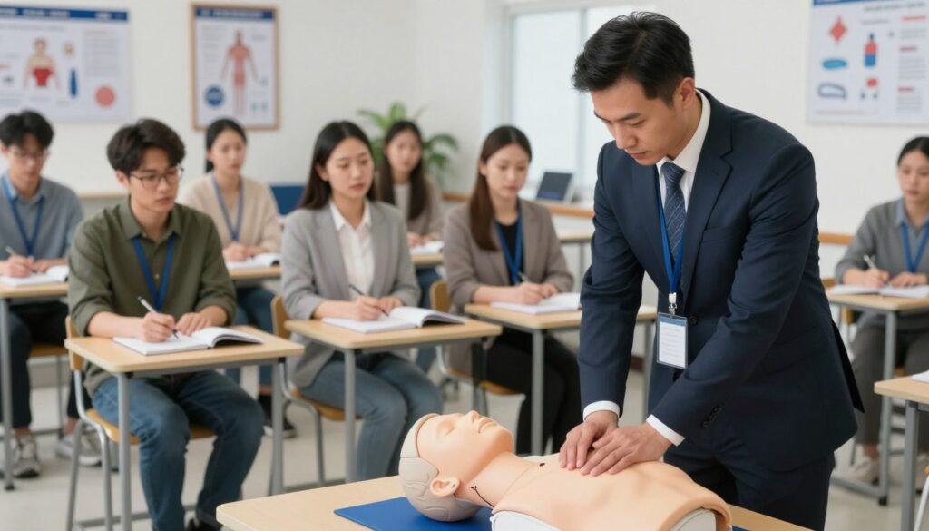 A professional setting showcasing a recertification course for rescue workers. In the foreground, a focused instructor in business attire demonstrates CPR techniques on a medical training mannequin. In the middle ground, attentive participants, dressed in modest casual clothing, take notes and engage with the training materials. The background features a well-lit classroom with medical posters and tools, conveying an atmosphere of professionalism and education. Soft, natural lighting enhances the clarity of the scene, emphasizing the seriousness and importance of the recertification process. The composition is framed at eye level, capturing both the instructor and the engaged audience in a clear, informative way.