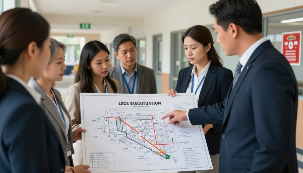 A professional setting showcasing a school emergency evacuation plan. In the foreground, a detailed blueprint of an evacuation route with highlighted exits and safety protocols. In the middle ground, a diverse group of teachers in business attire discussing procedures while pointing at the blueprint, conveying organization and teamwork. The background features a modern school hallway with visible emergency exit signs and safety equipment, illuminated by soft, natural lighting to create a calm yet serious atmosphere. The image captures the essence of legal foundations and organization in school evacuations, emphasizing preparedness and professionalism. A professional setting showcasing a school emergency evacuation plan. In the foreground, a detailed blueprint of an evacuation route with highlighted exits and safety protocols. In the middle ground, a diverse group of teachers in business attire discussing procedures while pointing at the blueprint, conveying organization and teamwork. The background features a modern school hallway with visible emergency exit signs and safety equipment, illuminated by soft, natural lighting to create a calm yet serious atmosphere. The image captures the essence of legal foundations and organization in school evacuations, emphasizing preparedness and professionalism.