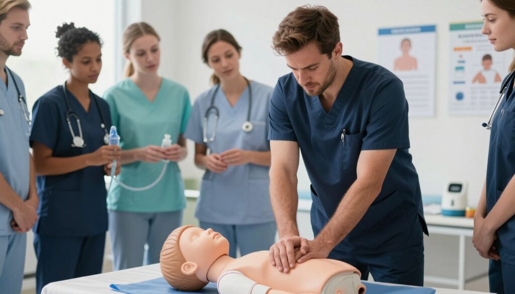 A professional setting showcasing child CPR techniques. In the foreground, a focused pediatric healthcare provider dressed in smart scrubs demonstrates chest compressions on a small, lifelike training mannequin representing a child. The provider's expression conveys concentration and determination. In the middle ground, a supportive team is visibly engaged, with one member holding a bag valve mask, ready to assist. The background features a clean, bright hospital or training room, with charts and CPR guidelines on the walls. Soft, natural lighting enhances the instructional atmosphere, while a slightly angled perspective captures the action clearly. The overall mood is serious yet supportive, emphasizing the importance of life-saving skills. A professional setting showcasing child CPR techniques. In the foreground, a focused pediatric healthcare provider dressed in smart scrubs demonstrates chest compressions on a small, lifelike training mannequin representing a child. The provider's expression conveys concentration and determination. In the middle ground, a supportive team is visibly engaged, with one member holding a bag valve mask, ready to assist. The background features a clean, bright hospital or training room, with charts and CPR guidelines on the walls. Soft, natural lighting enhances the instructional atmosphere, while a slightly angled perspective captures the action clearly. The overall mood is serious yet supportive, emphasizing the importance of life-saving skills.