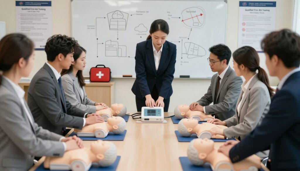 A professional training session for "Qualified First Aid Training" in an indoor classroom setting. In the foreground, a diverse group of adult trainees, dressed in professional business attire, are engaged in a hands-on demonstration of CPR techniques on anatomical mannequins. In the middle, a qualified instructor, also in professional attire, is demonstrating the correct usage of a defibrillator to the attentive audience. The background features classroom elements like a whiteboard filled with diagrams of first aid procedures, a first aid kit, and posters highlighting key topics. Soft, natural lighting enhances the focused atmosphere while maintaining a sense of professionalism and urgency. The image should evoke a mood of learning and preparedness, emphasizing the importance of first aid knowledge.