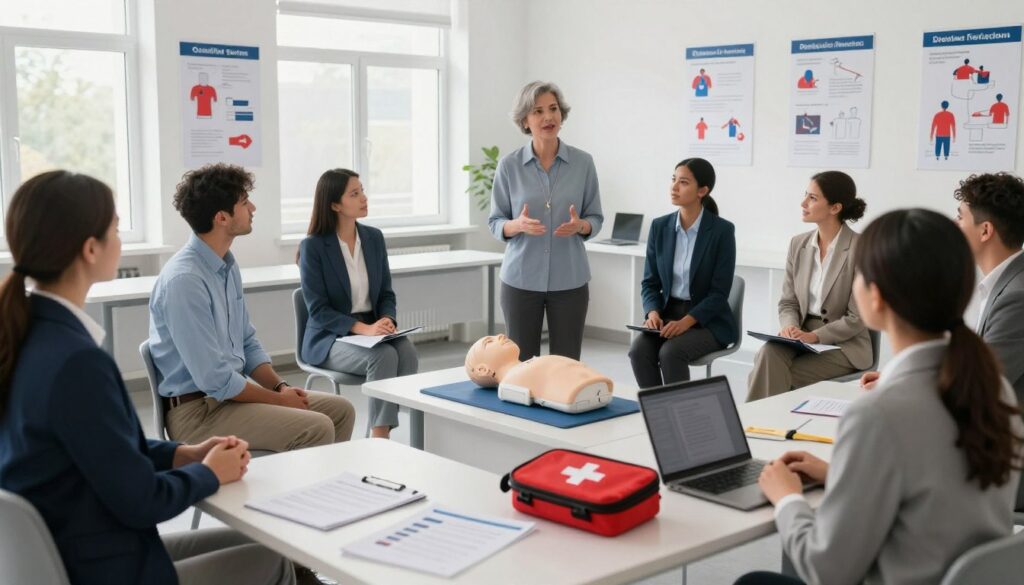 A professional training session for qualified first aid organization, featuring a diverse group of individuals, including men and women, dressed in professional business attire, attentively listening to a trainer at the front of a well-lit classroom. In the foreground, a clear view of a modern desk with educational materials, a first aid kit, and a laptop. In the middle, the trainer, a confident middle-aged woman, gestures while demonstrating first aid techniques on a CPR manikin. The background showcases a bright, spacious room with posters on the walls illustrating first aid procedures. Soft, natural light filters through large windows, creating an inviting and focused atmosphere that reflects learning and collaboration in a supportive environment. A professional training session for qualified first aid organization, featuring a diverse group of individuals, including men and women, dressed in professional business attire, attentively listening to a trainer at the front of a well-lit classroom. In the foreground, a clear view of a modern desk with educational materials, a first aid kit, and a laptop. In the middle, the trainer, a confident middle-aged woman, gestures while demonstrating first aid techniques on a CPR manikin. The background showcases a bright, spacious room with posters on the walls illustrating first aid procedures. Soft, natural light filters through large windows, creating an inviting and focused atmosphere that reflects learning and collaboration in a supportive environment.