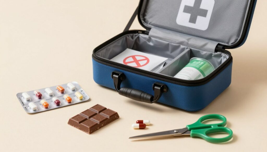A realistic depiction of a dog first aid kit set against a soft, neutral background. In the foreground, prominently feature common dangerous items that should never be included in a dog's first aid kit: human medications like pills, chocolate, and sharp objects like scissors. In the middle ground, show an open dog first aid kit with visible spaces highlighting these harmful items with a subtle red cross symbol indicating "no." The lighting is bright and inviting, creating a professional atmosphere with soft shadows to add depth. Capture the image from a slightly elevated angle to provide a comprehensive view, emphasizing the contrast between safe pet care and the dangerous items. The mood is informative yet cautionary, highlighting the importance of responsible pet ownership.