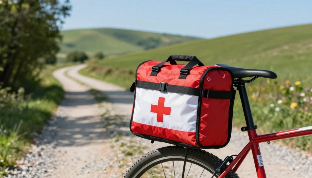 A red and white bicycle first aid kit, prominently displayed in the foreground, secured to a sturdy bike frame. The kit is compact and designed for mobility, with visible straps and reflective elements, showcasing its suitability for outdoor adventures. In the middle, a gravel path winds through a lush green landscape, hinting at a biking adventure, with soft sunlight filtering through the trees, creating dappled light effects on the ground. In the background, rolling hills stretch under a clear blue sky, enhancing the sense of openness and freedom associated with cycling. The atmosphere is vibrant yet serene, encapsulating the spirit of outdoor excursions. The image should be bright, emphasizing the colors of the kit and the natural environment, without any human subjects or text elements.