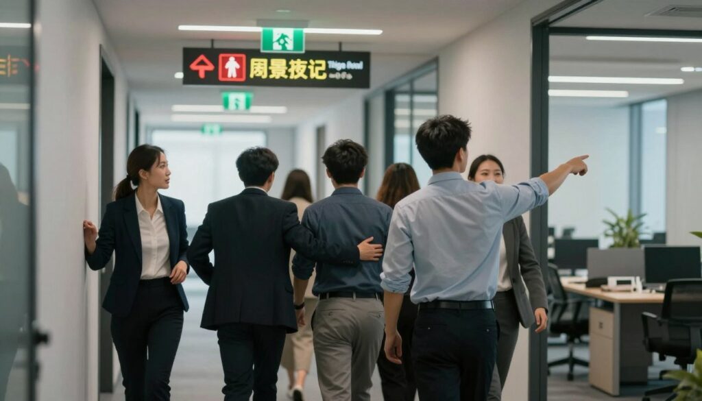 A scene depicting a critical situation during an evacuation in a modern office building. In the foreground, a diverse group of professionals in business attire safely exit a hallway, demonstrating the actions to avoid, such as pushing or crowding. One person is pointing towards the safest exit route, emphasizing clear communication. The middle ground shows emergency signage illuminated by bright overhead lights, with visible exits and emergency instructions clearly marked. The background is a slightly blurred view of the office, with desks and chairs in disarray, suggesting urgency. The atmosphere is tense yet focused, with soft, diffused lighting creating a sense of urgency. The scene conveys the importance of remaining calm and collected during an emergency evacuation, highlighting what to avoid for safety. A scene depicting a critical situation during an evacuation in a modern office building. In the foreground, a diverse group of professionals in business attire safely exit a hallway, demonstrating the actions to avoid, such as pushing or crowding. One person is pointing towards the safest exit route, emphasizing clear communication. The middle ground shows emergency signage illuminated by bright overhead lights, with visible exits and emergency instructions clearly marked. The background is a slightly blurred view of the office, with desks and chairs in disarray, suggesting urgency. The atmosphere is tense yet focused, with soft, diffused lighting creating a sense of urgency. The scene conveys the importance of remaining calm and collected during an emergency evacuation, highlighting what to avoid for safety.