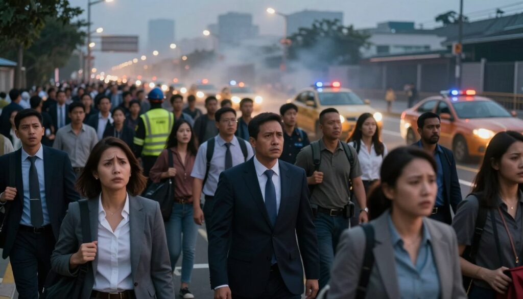 A scene depicting a population evacuation in response to an alarm. In the foreground, a diverse group of people in professional business attire and modest casual clothing, looking anxious yet determined as they gather their belongings. In the middle ground, emergency responders in uniforms directing traffic and guiding individuals towards designated safety zones. The background shows a city skyline with smoke rising in the distance, indicating urgency. Soft yet urgent lighting highlights the expressions of concern on the faces of the evacuees, while a warm glow from streetlights casts shadows, creating a tense atmosphere. The image is shot from a slightly elevated angle, capturing both the crowd and the context of the evacuation. A scene depicting a population evacuation in response to an alarm. In the foreground, a diverse group of people in professional business attire and modest casual clothing, looking anxious yet determined as they gather their belongings. In the middle ground, emergency responders in uniforms directing traffic and guiding individuals towards designated safety zones. The background shows a city skyline with smoke rising in the distance, indicating urgency. Soft yet urgent lighting highlights the expressions of concern on the faces of the evacuees, while a warm glow from streetlights casts shadows, creating a tense atmosphere. The image is shot from a slightly elevated angle, capturing both the crowd and the context of the evacuation.
