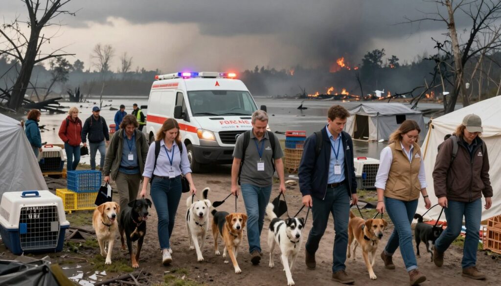 A scene depicting animal evacuation during a disaster scenario, capturing both urgency and compassion. In the foreground, a diverse group of people in professional attire, including volunteers and emergency responders, gently guiding a variety of animals—dogs, cats, and farm animals—towards a makeshift shelter. In the middle ground, an emergency vehicle with flashing lights awaits, surrounded by crates and animal carriers. The background features a natural disaster context, such as a flooded area or a wildfire zone, with darkened skies adding to the tension. Soft, diffused lighting casts an emotional yet hopeful atmosphere, emphasizing teamwork and resilience amidst chaos, with a wide-angle view to encompass the entire scene. A scene depicting animal evacuation during a disaster scenario, capturing both urgency and compassion. In the foreground, a diverse group of people in professional attire, including volunteers and emergency responders, gently guiding a variety of animals—dogs, cats, and farm animals—towards a makeshift shelter. In the middle ground, an emergency vehicle with flashing lights awaits, surrounded by crates and animal carriers. The background features a natural disaster context, such as a flooded area or a wildfire zone, with darkened skies adding to the tension. Soft, diffused lighting casts an emotional yet hopeful atmosphere, emphasizing teamwork and resilience amidst chaos, with a wide-angle view to encompass the entire scene.