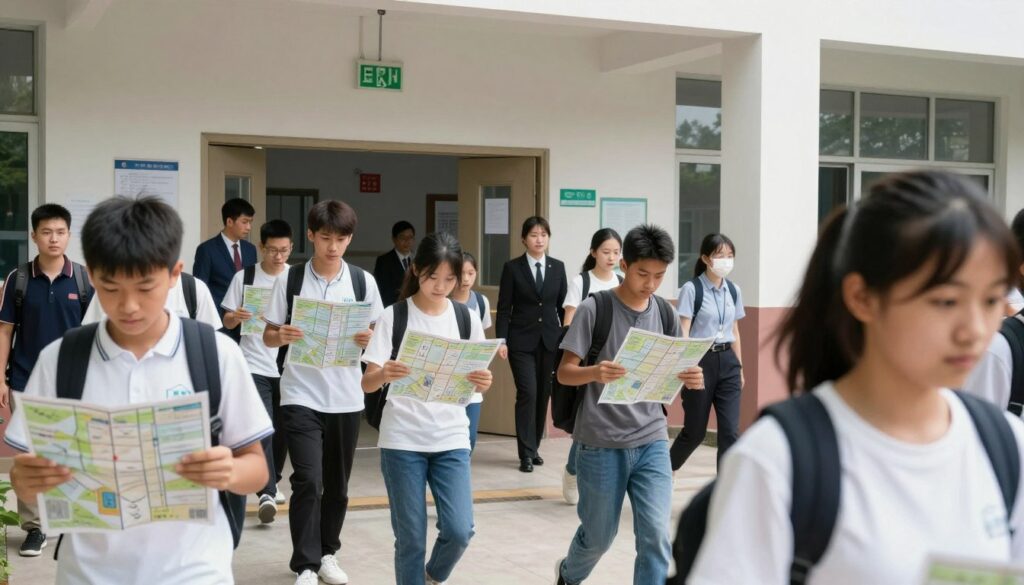 A school emergency evacuation drill in progress, with students and teachers moving quickly in organized lines. In the foreground, a group of students in Smart casual clothing, showing expressions of focus and determination, holding evacuation maps. The middle ground features teachers directing students towards exit doors, dressed in professional attire. The background shows a school building with emergency exit signs illuminated. Natural light streams through the windows, creating a bright, urgent atmosphere. The scene is captured from a low angle to emphasize the movement and urgency while maintaining an informative and instructional mood. The overall color palette should reflect a sense of safety and professionalism, with clear sky visible through the windows. A school emergency evacuation drill in progress, with students and teachers moving quickly in organized lines. In the foreground, a group of students in Smart casual clothing, showing expressions of focus and determination, holding evacuation maps. The middle ground features teachers directing students towards exit doors, dressed in professional attire. The background shows a school building with emergency exit signs illuminated. Natural light streams through the windows, creating a bright, urgent atmosphere. The scene is captured from a low angle to emphasize the movement and urgency while maintaining an informative and instructional mood. The overall color palette should reflect a sense of safety and professionalism, with clear sky visible through the windows.