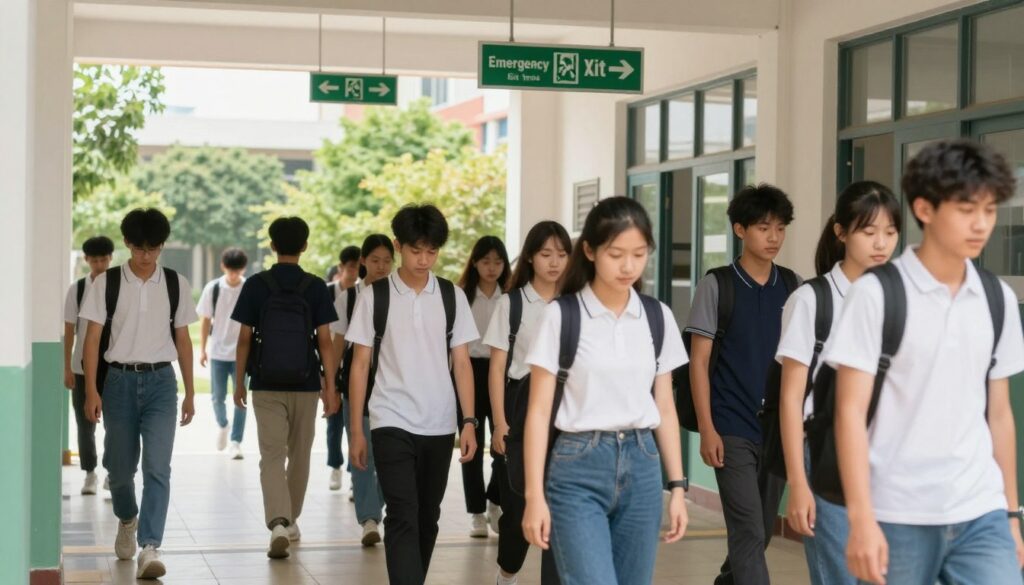 A school evacuation plan in action, depicting a clear and organized evacuation scenario. In the foreground, a diverse group of students dressed in modest casual clothing are calmly exiting a school building, following designated emergency exit routes. In the middle, clear visual signage indicating "Emergency Exit" and arrows pointing the way, emphasizing safety and organization. The background features a school environment with trees and a bright sky, suggesting a sunny day. Soft natural lighting illuminates the scene, creating a hopeful atmosphere. The angle captures both the students and the evacuation paths, showcasing the importance of orderly conduct during emergencies. Overall, the mood is one of safety, preparedness, and community responsibility. A school evacuation plan in action, depicting a clear and organized evacuation scenario. In the foreground, a diverse group of students dressed in modest casual clothing are calmly exiting a school building, following designated emergency exit routes. In the middle, clear visual signage indicating "Emergency Exit" and arrows pointing the way, emphasizing safety and organization. The background features a school environment with trees and a bright sky, suggesting a sunny day. Soft natural lighting illuminates the scene, creating a hopeful atmosphere. The angle captures both the students and the evacuation paths, showcasing the importance of orderly conduct during emergencies. Overall, the mood is one of safety, preparedness, and community responsibility.