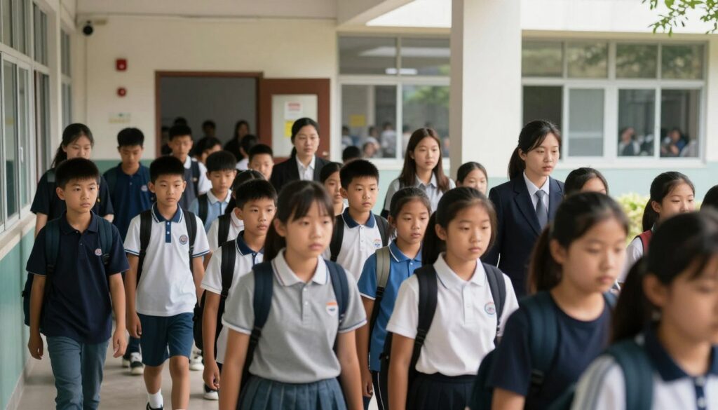A school evacuation scene capturing students following emergency procedures. In the foreground, a diverse group of students of various ages, wearing casual school attire, is orderly lining up and preparing to exit the building. Their expressions reflect a mix of seriousness and focus. In the middle ground, teachers in professional attire guide the students, demonstrating calm and assured leadership. The background displays a school building with fire alarms visible and open exits leading to a safe assembly area. Soft, natural lighting filters through the windows, adding a sense of urgency but maintaining a safe atmosphere. The overall composition conveys a sense of organization and care, emphasizing the importance of following evacuation protocols. A school evacuation scene capturing students following emergency procedures. In the foreground, a diverse group of students of various ages, wearing casual school attire, is orderly lining up and preparing to exit the building. Their expressions reflect a mix of seriousness and focus. In the middle ground, teachers in professional attire guide the students, demonstrating calm and assured leadership. The background displays a school building with fire alarms visible and open exits leading to a safe assembly area. Soft, natural lighting filters through the windows, adding a sense of urgency but maintaining a safe atmosphere. The overall composition conveys a sense of organization and care, emphasizing the importance of following evacuation protocols.