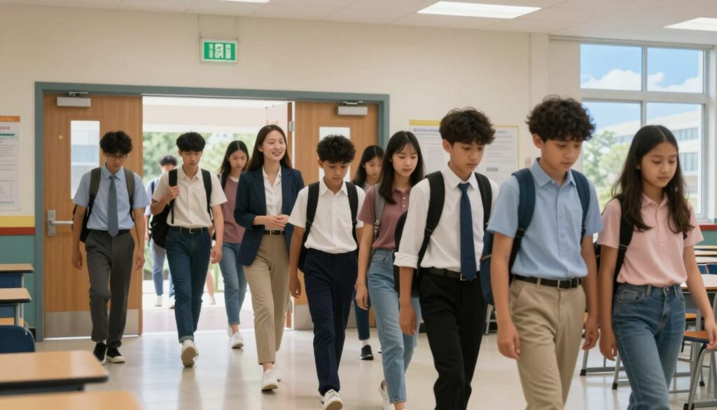 A school evacuation scene illustrating practical behavior during emergencies. In the foreground, a diverse group of students, dressed in smart casual clothing, calmly walking in single file towards an exit. Some students carry backpacks, while others assist friends or younger children. In the middle ground, a teacher directs the evacuation, displaying a reassuring expression, as they guide the students. The background features classroom doors and emergency exit signs illuminated with soft overhead lighting, creating a serene atmosphere amidst the urgency. The window reveals a clear blue sky outside, symbolizing safety and hope. The composition emphasizes clarity and order, with a focus on teamwork and preparedness during an evacuation drill. A school evacuation scene illustrating practical behavior during emergencies. In the foreground, a diverse group of students, dressed in smart casual clothing, calmly walking in single file towards an exit. Some students carry backpacks, while others assist friends or younger children. In the middle ground, a teacher directs the evacuation, displaying a reassuring expression, as they guide the students. The background features classroom doors and emergency exit signs illuminated with soft overhead lighting, creating a serene atmosphere amidst the urgency. The window reveals a clear blue sky outside, symbolizing safety and hope. The composition emphasizes clarity and order, with a focus on teamwork and preparedness during an evacuation drill.