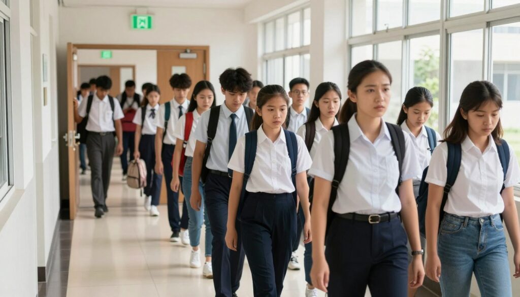 A school undergoing a trial evacuation drill, set in a brightly lit corridor filled with concerned yet focused students and teachers. In the foreground, a teacher in professional attire is guiding a group of diverse students, ranging from elementary to high school age, towards the exits. The middle ground features students calmly exiting classrooms, some carrying essential items like bags or books, reflecting an organized atmosphere. In the background, visible classroom doors can be seen as they lead to an exit sign above, casting a green glow, indicating the safe path out. The overall mood is serious yet constructive, emphasizing preparedness and teamwork. Natural lighting from large windows adds authenticity, enhancing the sense of urgency without chaos. A school undergoing a trial evacuation drill, set in a brightly lit corridor filled with concerned yet focused students and teachers. In the foreground, a teacher in professional attire is guiding a group of diverse students, ranging from elementary to high school age, towards the exits. The middle ground features students calmly exiting classrooms, some carrying essential items like bags or books, reflecting an organized atmosphere. In the background, visible classroom doors can be seen as they lead to an exit sign above, casting a green glow, indicating the safe path out. The overall mood is serious yet constructive, emphasizing preparedness and teamwork. Natural lighting from large windows adds authenticity, enhancing the sense of urgency without chaos.
