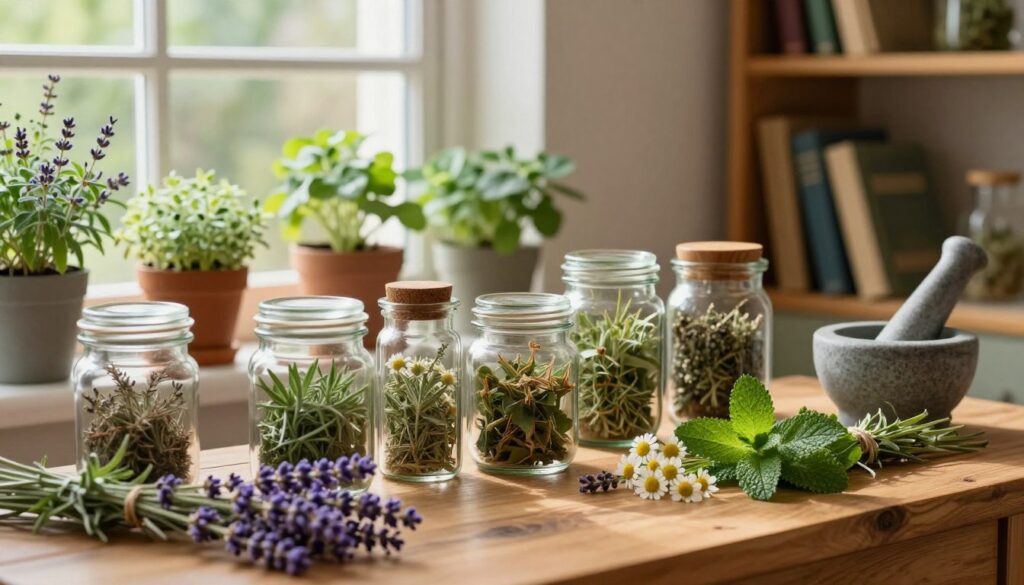 A serene and inviting herbal apothecary setup, showcasing a variety of fresh and dried herbs in beautifully arranged glass jars and wooden containers. In the foreground, a wooden table is adorned with delicate sprigs of lavender, chamomile, and mint, alongside a rustic mortar and pestle, hinting at natural remedies. The middle ground features a cozy, sunlit window illuminating a colorful assortment of herbal plants in pots, with green leaves creating a vibrant backdrop. In the background, soft, warm lighting enhances the tranquil atmosphere, with wooden shelves lined with reference books on herbal medicine. The overall mood is calm and nurturing, reflecting the essence of creating a personal herbal medicine cabinet.