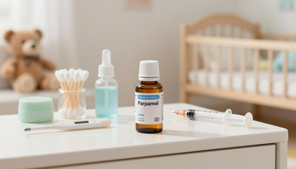 A serene and well-organized baby medicine cabinet, focused on a bottle of paracetamol for infants, prominently displayed in the foreground. The bottle, with a child-safe cap, is surrounded by soft, pastel-colored items such as cotton swabs, a thermometer, and small syringes for measuring doses. In the middle, gentle, diffused lighting highlights the products, creating a warm and inviting atmosphere. The background features a soft-focus nursery scene with plush toys and a cradle to reinforce the theme of nurturing and care. The overall mood is calm and reassuring, ideal for conveying the concept of health support for newborns. The image should have a clean, professional look, with no text or distractions.