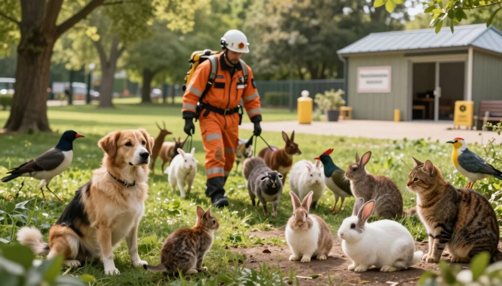A serene emergency evacuation scene depicting various animals being guided to safety. In the foreground, a concerned dog and a calm cat sit beside a group of small animals, such as rabbits and birds. In the middle ground, a professional animal rescuer dressed in safety gear is gently herding the animals towards an evacuation area, showcasing compassion and care. The background features a lush green park transitioning to a safer zone with clear signage indicating an emergency shelter. Soft, warm lighting creates a reassuring atmosphere, while the angle captures the action from a slightly elevated perspective, emphasizing the urgency yet peacefulness of the situation. The overall mood conveys hope and safety during an evacuation scenario for animals. A serene emergency evacuation scene depicting various animals being guided to safety. In the foreground, a concerned dog and a calm cat sit beside a group of small animals, such as rabbits and birds. In the middle ground, a professional animal rescuer dressed in safety gear is gently herding the animals towards an evacuation area, showcasing compassion and care. The background features a lush green park transitioning to a safer zone with clear signage indicating an emergency shelter. Soft, warm lighting creates a reassuring atmosphere, while the angle captures the action from a slightly elevated perspective, emphasizing the urgency yet peacefulness of the situation. The overall mood conveys hope and safety during an evacuation scenario for animals.