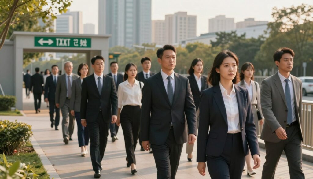 A serene evacuation scene in an urban environment, showcasing a diverse group of individuals calmly following emergency procedures. In the foreground, a well-dressed businesswoman in a smart blazer leads a small group, each wearing professional attire, their expressions focused yet composed. In the middle ground, clearly marked emergency exits are highlighted, guiding people towards safety. Behind them, a modern city skyline is visible, bathed in warm, natural light of late afternoon, casting long shadows. The atmosphere is one of organized urgency, reflecting preparedness in the face of potential danger. The setting should feel reassuring, promoting a sense of calm and order during evacuation. The composition should be captured from a slightly elevated angle to convey depth and context.