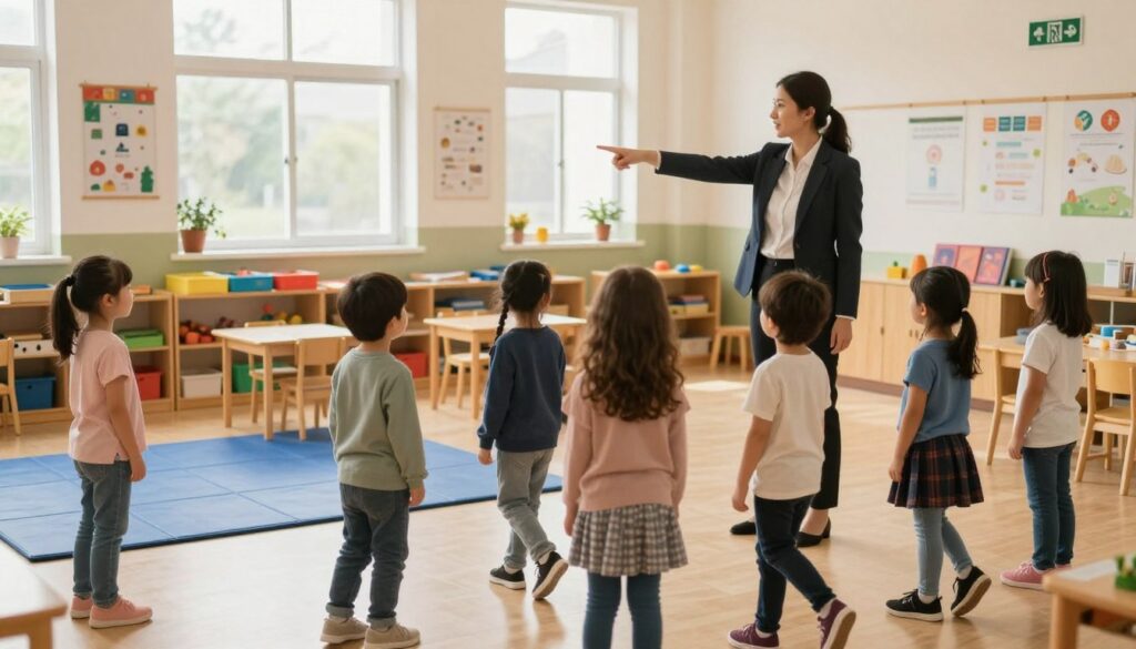 A serene indoor scene depicting a kindergarten evacuation drill. In the foreground, a diverse group of preschool children, aged 4-6, dressed in comfortable casual clothing, calmly follow a teacher in a professional outfit, demonstrating guidance and composure. In the middle, the spacious classroom is organized with colorful learning materials, soft mats, and emergency exit signs clearly visible. The teacher points towards the exit, emphasizing safety while maintaining a reassuring demeanor. In the background, large windows let in soft, natural light, creating a warm and inviting atmosphere. The room is vibrant, adorned with educational posters but devoid of distractions, illustrating a focused environment for the drill. The overall mood is calm and orderly, highlighting the importance of safety and preparedness in a preschool setting.