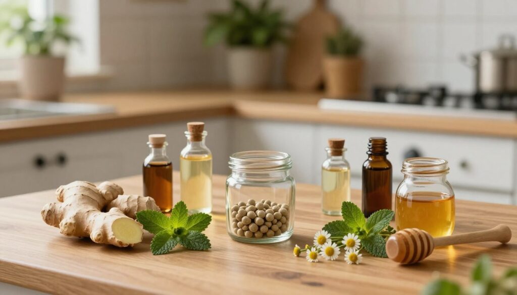 A serene, inviting kitchen scene showcasing a variety of natural remedies for stomach ailments. In the foreground, a wooden table is adorned with an assortment of herbal ingredients such as ginger, peppermint leaves, chamomile flowers, and honey, all arranged artistically. In the middle ground, a small, elegant glass jar holds soothing homeopathic pellets, surrounded by delicate glass bottles filled with herbal tinctures. The background features a warm, softly lit kitchen with potted plants and an open cookbook, creating a cozy atmosphere. The soft, natural light enhances the color of the herbs and remedies, conveying a sense of tranquility and wellness. The overall mood is peaceful and healing, reflecting a holistic approach to health. A serene, inviting kitchen scene showcasing a variety of natural remedies for stomach ailments. In the foreground, a wooden table is adorned with an assortment of herbal ingredients such as ginger, peppermint leaves, chamomile flowers, and honey, all arranged artistically. In the middle ground, a small, elegant glass jar holds soothing homeopathic pellets, surrounded by delicate glass bottles filled with herbal tinctures. The background features a warm, softly lit kitchen with potted plants and an open cookbook, creating a cozy atmosphere. The soft, natural light enhances the color of the herbs and remedies, conveying a sense of tranquility and wellness. The overall mood is peaceful and healing, reflecting a holistic approach to health.