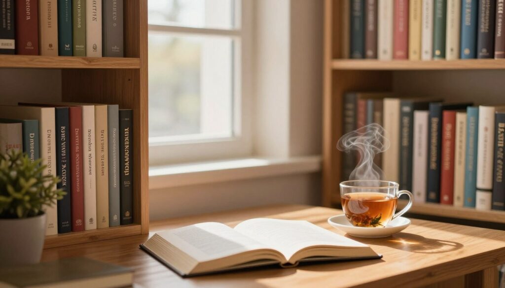 A serene library nook featuring neatly arranged therapeutic books on shelves, with titles focused on emotional support and mental wellness. In the foreground, a wooden table holds an open book, surrounded by cozy elements like a steaming cup of herbal tea and a small potted plant. In the middle, soft, warm lighting creates a calm atmosphere, as sunlight filters through a nearby window, casting gentle shadows. The background reveals softly blurred bookshelves filled with colorful spines, enhancing the sense of wisdom and comfort. The overall mood is inviting, promoting tranquility and reflection, ideal for fostering emotional support through literature. A serene library nook featuring neatly arranged therapeutic books on shelves, with titles focused on emotional support and mental wellness. In the foreground, a wooden table holds an open book, surrounded by cozy elements like a steaming cup of herbal tea and a small potted plant. In the middle, soft, warm lighting creates a calm atmosphere, as sunlight filters through a nearby window, casting gentle shadows. The background reveals softly blurred bookshelves filled with colorful spines, enhancing the sense of wisdom and comfort. The overall mood is inviting, promoting tranquility and reflection, ideal for fostering emotional support through literature.