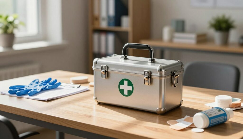 A spacious and organized office workspace featuring a sturdy metal first aid kit prominently displayed on a wooden desk. In the foreground, sunlight filters through a nearby window, casting warm light on the metallic surface of the kit, highlighting its durability and practicality. In the middle ground, a list of essential items such as gloves, bandages, and antiseptics can be seen partially visible, suggesting preparation for workplace safety. The background includes shelves with neatly arranged office supplies and a potted plant, conveying a professional yet inviting atmosphere. The overall mood is one of efficiency and organization, emphasizing the importance of cost optimization in workplace safety measures. The scene is captured with a soft focus lens effect to create a calming mood, suitable for an informative article.