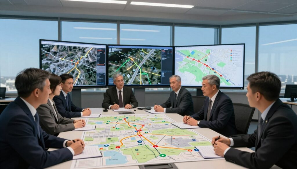 A strategic planning session for emergency evacuation routes set in a well-lit, modern military operations room. In the foreground, a diverse team of professionals in professional business attire is gathered around a large map spread across a high-tech conference table, intensely discussing safe evacuation paths. In the middle ground, digital screens display satellite imagery and route simulations, while various maps with colored markers highlight key areas. The background features large windows showcasing a clear blue sky, symbolizing hope and safety. The atmosphere is focused and serious, with shadows accentuating the determination on the participants' faces. The lighting is bright and even, creating a sense of clarity and urgency, captured from a slightly elevated angle to reveal all elements.