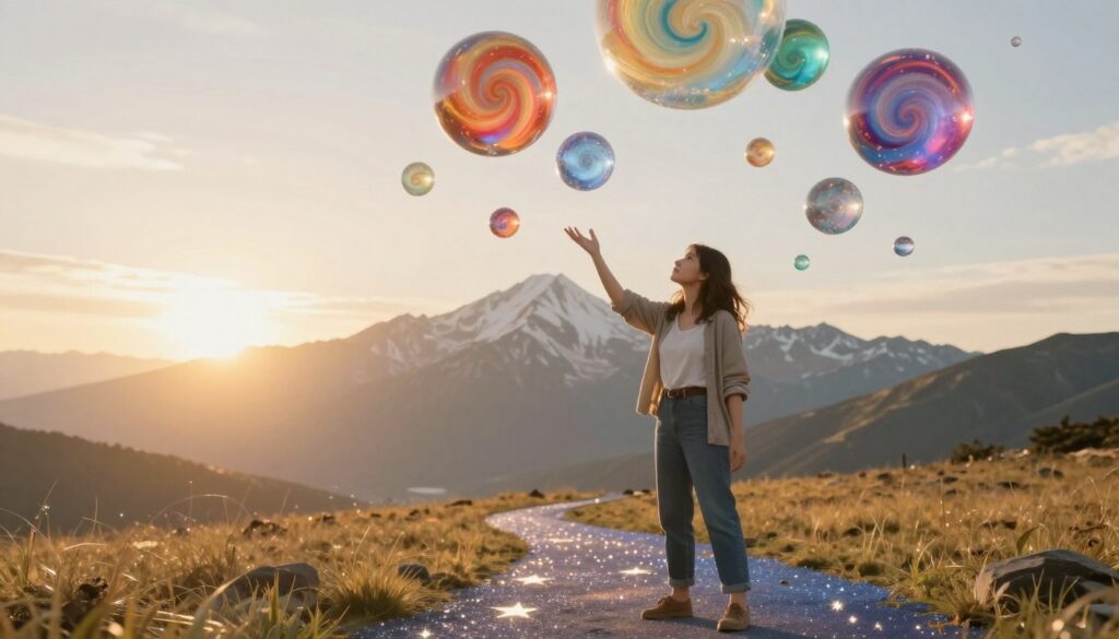 A surreal landscape illustrating the concept of "dreams as a driving force for growth." In the foreground, a young woman wearing modest casual clothing stands confidently, gazing upwards with a look of determination. Her hands are outstretched, as if reaching for the vibrant, swirling dreams represented by colorful, translucent orbs floating around her. In the middle ground, a pathway made of glimmering stars leads towards a majestic mountain range, symbolizing personal development and ambition. The background is filled with a bright, dawn sky, casting warm golden light that bathes the entire scene, creating an uplifting and hopeful atmosphere. The composition should be framed from a slightly low angle to heighten the sense of aspiration and wonder. A surreal landscape illustrating the concept of "dreams as a driving force for growth." In the foreground, a young woman wearing modest casual clothing stands confidently, gazing upwards with a look of determination. Her hands are outstretched, as if reaching for the vibrant, swirling dreams represented by colorful, translucent orbs floating around her. In the middle ground, a pathway made of glimmering stars leads towards a majestic mountain range, symbolizing personal development and ambition. The background is filled with a bright, dawn sky, casting warm golden light that bathes the entire scene, creating an uplifting and hopeful atmosphere. The composition should be framed from a slightly low angle to heighten the sense of aspiration and wonder.