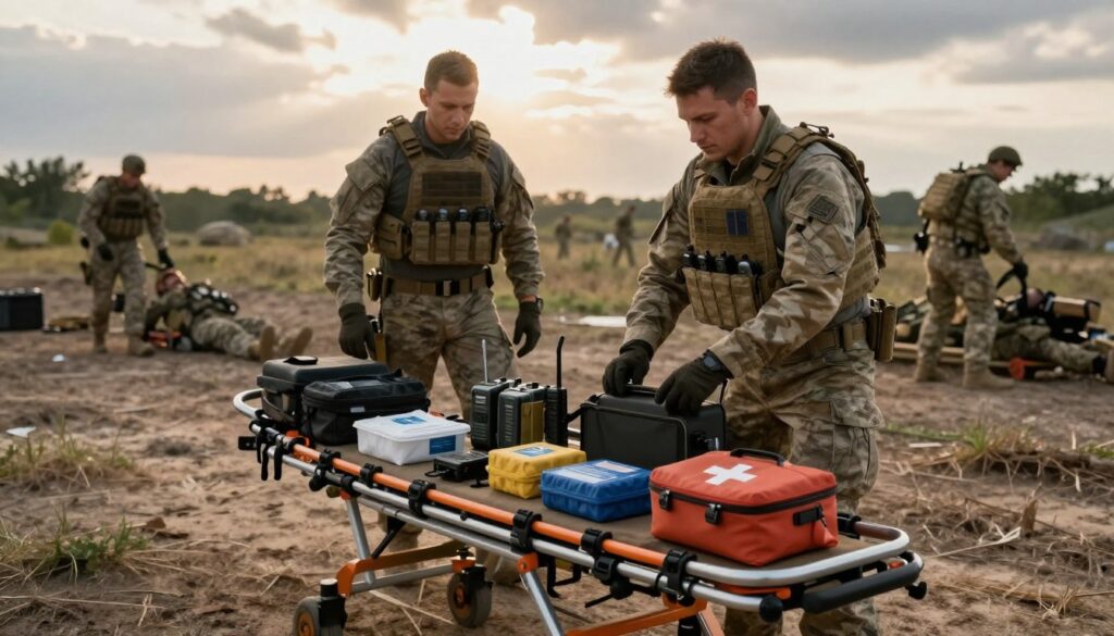 A tactical evacuation setup on a battlefield scene, featuring essential gear for safe transport. In the foreground, a well-organized selection of tactical equipment: a stretcher, medical supplies, radio communication devices, and a first aid kit, all meticulously arranged. The middle ground includes two professional medical personnel in modest tactical uniforms, focused on preparing for the evacuation, showing determination and teamwork. In the background, a blurred military landscape with medics assisting a wounded soldier offers depth. The lighting is dynamic yet soft, with golden hour sunlight filtering through clouds, creating an urgent yet hopeful atmosphere. Capture this scene from a slightly elevated angle for a comprehensive view, emphasizing the urgency and seriousness of the situation.
