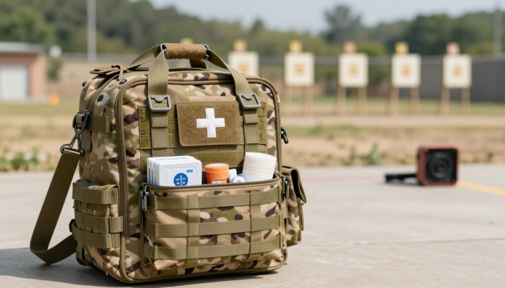 A tactical medical bag prominently displayed in the foreground, showcasing a rugged, durable design with multiple compartments and straps in a camo pattern, filled with medical supplies like a first-aid kit, bandages, and emergency gear. The middle ground features a blurred shooting range setting, with targets in the distance and safety equipment subtly placed, indicating a training environment. In the background, a soft-focus landscape of trees and open space creates a serene yet functional mood. The lighting is bright and natural, capturing the essence of a sunny day, enhancing the tactical colors of the bag. The scene conveys readiness and professionalism, emphasizing the importance of having the right equipment for quick medical response.