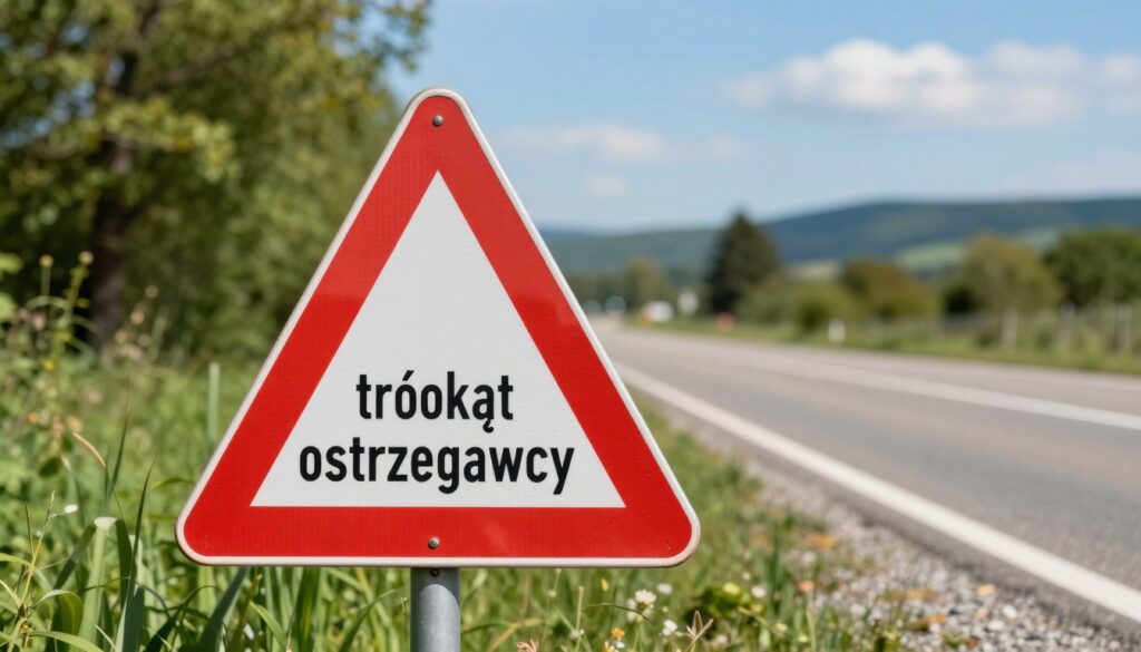 A vibrant and detailed scene featuring a triangular warning sign, known as "trójkąt ostrzegawczy," prominently displayed in the foreground. The sign is bright red with reflective edges, clearly indicating its purpose of alerting drivers to potential hazards. In the middle ground, a serene roadside setting is depicted with lush green grass and a gravel shoulder, where the sign stands firmly. In the background, soft-focus trees and distant hills create a tranquil backdrop under a bright blue sky, suggesting a sunny day. The lighting is natural, casting soft shadows that enhance the sense of safety and vigilance. The mood is reassuring, embodying the theme of safety for drivers and highlighting the importance of using a warning triangle in emergencies. A vibrant and detailed scene featuring a triangular warning sign, known as "trójkąt ostrzegawczy," prominently displayed in the foreground. The sign is bright red with reflective edges, clearly indicating its purpose of alerting drivers to potential hazards. In the middle ground, a serene roadside setting is depicted with lush green grass and a gravel shoulder, where the sign stands firmly. In the background, soft-focus trees and distant hills create a tranquil backdrop under a bright blue sky, suggesting a sunny day. The lighting is natural, casting soft shadows that enhance the sense of safety and vigilance. The mood is reassuring, embodying the theme of safety for drivers and highlighting the importance of using a warning triangle in emergencies.
