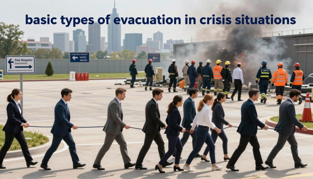 A visual representation of "basic types of evacuation in crisis situations," featuring various scenarios demonstrating different evacuation methods. In the foreground, a diverse group of people in professional attire are actively engaged in a well-organized evacuation drill, showing teamwork and urgency. The middle ground displays a clear layout of an emergency assembly point with directional signs and safety equipment. In the background, a dramatic yet controlled atmosphere is portrayed, with emergency responders guiding evacuees away from a simulated hazardous environment, featuring a stylized city skyline. The lighting should be bright, simulating daylight, with a slight focus on the professionals to convey clarity and urgency. The overall mood conveys preparedness and safety, essential for effective evacuation planning. A visual representation of "basic types of evacuation in crisis situations," featuring various scenarios demonstrating different evacuation methods. In the foreground, a diverse group of people in professional attire are actively engaged in a well-organized evacuation drill, showing teamwork and urgency. The middle ground displays a clear layout of an emergency assembly point with directional signs and safety equipment. In the background, a dramatic yet controlled atmosphere is portrayed, with emergency responders guiding evacuees away from a simulated hazardous environment, featuring a stylized city skyline. The lighting should be bright, simulating daylight, with a slight focus on the professionals to convey clarity and urgency. The overall mood conveys preparedness and safety, essential for effective evacuation planning.