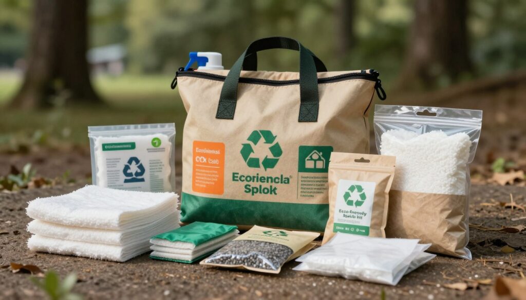 A visually engaging scene depicting a complete eco-friendly spill kit for environmental cleanup. In the foreground, a variety of absorbent materials, such as booms, pads, and granules, neatly arranged in biodegradable packaging. The middle section features a colorful, organized kit bag made from recycled materials, showcasing eco-conscious design. In the background, a serene outdoor setting with a hint of nature, like a park or forest, symbolizing environmental responsibility. Soft, natural lighting casts gentle shadows, enhancing the textures of the absorption items. Use a shallow depth of field to keep the focus on the kit while softly blurring the background. The mood is tranquil and purposeful, emphasizing sustainability and preparedness for environmental protection.