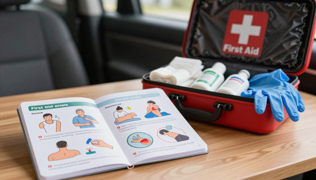 A visually informative scene depicting a first aid instruction manual prominently displayed in the foreground, set on a wooden table. The manual features clear diagrams illustrating first aid techniques, such as CPR and wound care, with vibrant colors to grab attention. In the middle ground, a well-organized car first aid kit is partially open, showcasing its contents like bandages, antiseptics, and gloves, highlighting practical essentials. The background features a softly blurred interior of a vehicle with subtle lighting creating a reassuring atmosphere, suggesting safety and preparedness. The overall mood is focused and instructional, inviting viewers to learn the importance of first aid knowledge while ensuring a professional visual style.