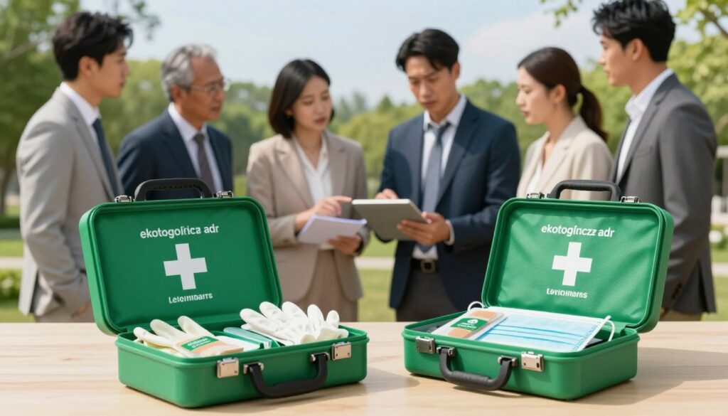 A visually striking and informative scene showcasing an "ekologiczna adr" (environmental first aid kit) in a well-organized outdoor setting. In the foreground, highlight a sleek, modern green first aid kit with eco-friendly materials, opened to reveal a variety of items such as gloves, masks, and eco-label bandages, all arranged neatly. In the middle ground, show a diverse group of professionals in business attire discussing the contents, gesturing towards a checklist on a tablet, with expressions of focus and concern. In the background, present a serene natural environment, featuring lush greenery and a clear sky, symbolizing a commitment to environmental safety. Soft, natural lighting enhances the mood, creating an atmosphere of professionalism and preparedness, with a slightly elevated perspective to capture all elements harmoniously. A visually striking and informative scene showcasing an "ekologiczna adr" (environmental first aid kit) in a well-organized outdoor setting. In the foreground, highlight a sleek, modern green first aid kit with eco-friendly materials, opened to reveal a variety of items such as gloves, masks, and eco-label bandages, all arranged neatly. In the middle ground, show a diverse group of professionals in business attire discussing the contents, gesturing towards a checklist on a tablet, with expressions of focus and concern. In the background, present a serene natural environment, featuring lush greenery and a clear sky, symbolizing a commitment to environmental safety. Soft, natural lighting enhances the mood, creating an atmosphere of professionalism and preparedness, with a slightly elevated perspective to capture all elements harmoniously.