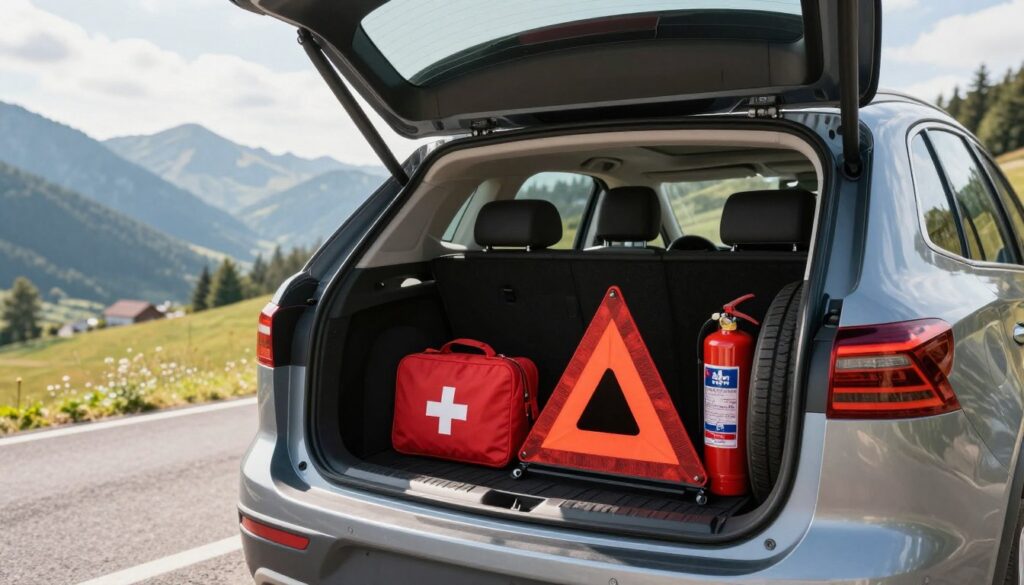 A vivid illustration of mandatory car equipment required in Slovakia. In the foreground, prominently display a well-organized car trunk with essential items such as a first aid kit, reflective triangle, fire extinguisher, and spare tire. The middle ground features a parked car on a scenic Slovak road, hinting at mountainous landscapes in the background under a bright, sunny sky. The sunlight casts soft shadows, creating a warm and inviting atmosphere. Use a wide-angle lens to capture the car's interior and exterior simultaneously, ensuring focus details like the neatly arranged equipment and the Slovak landscape beyond. The overall mood should be professional yet informative, aimed at educating drivers about road safety requirements. A vivid illustration of mandatory car equipment required in Slovakia. In the foreground, prominently display a well-organized car trunk with essential items such as a first aid kit, reflective triangle, fire extinguisher, and spare tire. The middle ground features a parked car on a scenic Slovak road, hinting at mountainous landscapes in the background under a bright, sunny sky. The sunlight casts soft shadows, creating a warm and inviting atmosphere. Use a wide-angle lens to capture the car's interior and exterior simultaneously, ensuring focus details like the neatly arranged equipment and the Slovak landscape beyond. The overall mood should be professional yet informative, aimed at educating drivers about road safety requirements.