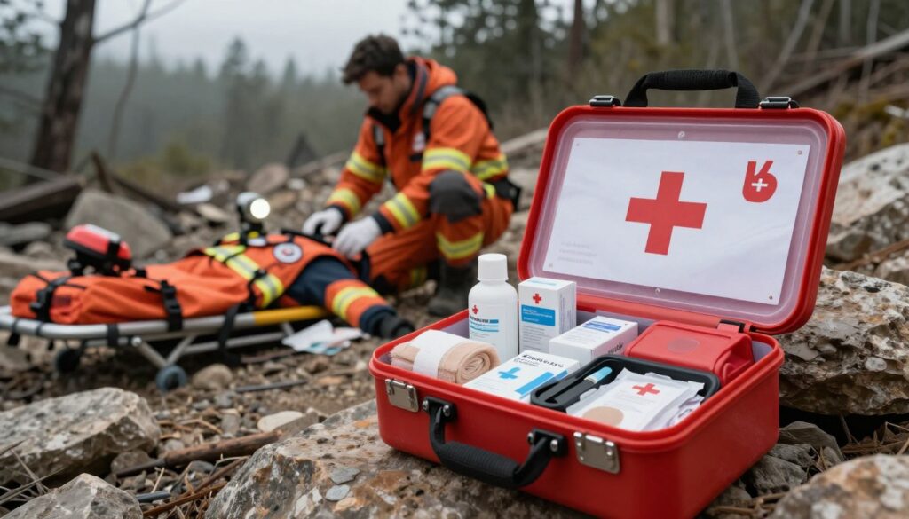 A well-equipped first aid kit, prominently displayed in the foreground, showcasing an array of medical supplies like bandages, antiseptics, and emergency tools. In the middle ground, a rescuer in professional attire assesses the situation, surrounded by additional rescue gear such as stretchers and emergency lighting. The background captures a natural disaster scene, like a rocky terrain or forest, subtly emphasizing urgency, with soft, diffused light filtering through overcast skies, creating a somber yet hopeful atmosphere. The angle should be slightly elevated, providing a comprehensive view of the scene while maintaining focus on the first aid kit and the rescuer, highlighting the critical role of rescue equipment in life-threatening situations.