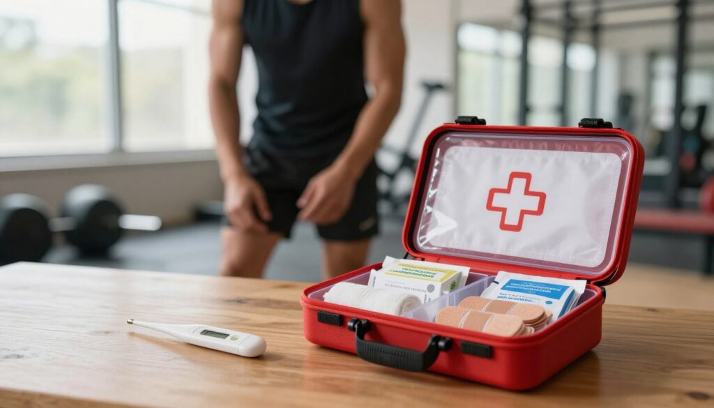 A well-equipped sports first aid kit is the focus of the image, prominently displayed on a wooden table. In the foreground, the kit is open, showcasing a variety of neatly organized supplies such as bandages, antiseptic wipes, and a digital thermometer. The kit is modern, with a bright red exterior and clear compartments. In the middle ground, blurred, a professional athlete in modest training attire is preparing for a workout, demonstrating the practical use of the kit. The background features a gym setting with soft, natural lighting pouring through large windows, creating a warm and inviting atmosphere. The overall mood conveys readiness and professionalism, emphasizing the importance of being prepared for injuries during sports training and events. A well-equipped sports first aid kit is the focus of the image, prominently displayed on a wooden table. In the foreground, the kit is open, showcasing a variety of neatly organized supplies such as bandages, antiseptic wipes, and a digital thermometer. The kit is modern, with a bright red exterior and clear compartments. In the middle ground, blurred, a professional athlete in modest training attire is preparing for a workout, demonstrating the practical use of the kit. The background features a gym setting with soft, natural lighting pouring through large windows, creating a warm and inviting atmosphere. The overall mood conveys readiness and professionalism, emphasizing the importance of being prepared for injuries during sports training and events.
