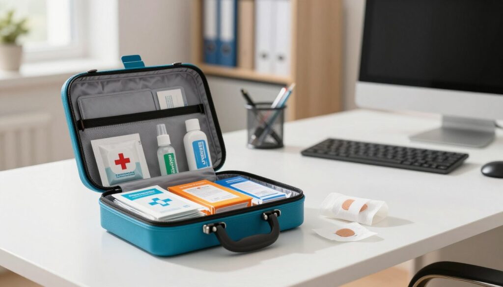 A well-lit office space featuring a neatly organized first aid kit prominently in the foreground. The kit is open, revealing a variety of colorful antiseptic wipes, gel disinfectants, and sterile bandages, all thoughtfully arranged. In the middle ground, a clean desk with essential office supplies and a computer adds context to the workspace setting. The background consists of a softly blurred bookshelf filled with health and safety manuals, enhancing the professional atmosphere. Natural light streams through a nearby window, creating a warm and inviting ambiance. The mood is one of preparedness and professionalism, suitable for a modern office environment where employee well-being is prioritized. Focus on clarity and detail, showcasing the importance of disinfectants and bandaging supplies within the workplace.