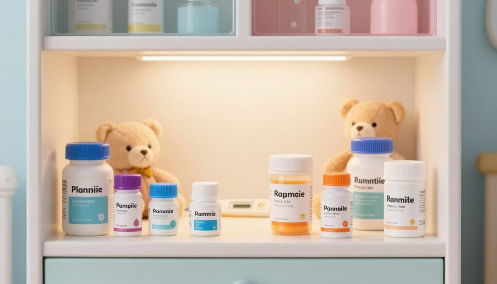 A well-organized and colorful medicine cabinet designed for safe storage of infant medications. In the foreground, neatly arranged shelves display labeled containers of various pediatric medications, all secured with childproof caps. The middle section features a soft, warm light filtering through a window, highlighting a gentle, calming atmosphere, with a few plush toys and a thermometer to emphasize the baby-friendly environment. In the background, subtle hints of pastel colors and soft textures are seen, suggesting a nursery setting. The overall mood is safe, organized, and nurturing, conveying an essence of care and safety in storing medical supplies for infants, with an emphasis on protection from accidental access. The image should focus on the cabinet's contents, with no people included. A well-organized and colorful medicine cabinet designed for safe storage of infant medications. In the foreground, neatly arranged shelves display labeled containers of various pediatric medications, all secured with childproof caps. The middle section features a soft, warm light filtering through a window, highlighting a gentle, calming atmosphere, with a few plush toys and a thermometer to emphasize the baby-friendly environment. In the background, subtle hints of pastel colors and soft textures are seen, suggesting a nursery setting. The overall mood is safe, organized, and nurturing, conveying an essence of care and safety in storing medical supplies for infants, with an emphasis on protection from accidental access. The image should focus on the cabinet's contents, with no people included.
