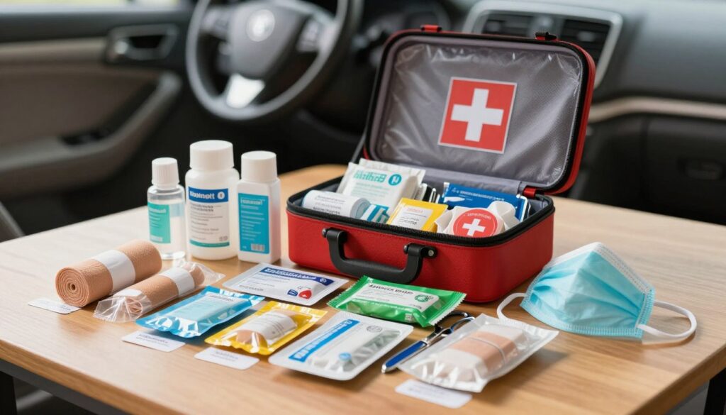 A well-organized car first aid kit displayed on a wooden table, showcasing an array of medical supplies, including bandages, antiseptics, scissors, and a CPR mask. The foreground features a neatly arranged selection of items, with labels clearly visible and colors vibrant. In the middle ground, an open first aid kit reveals its content in an orderly fashion. The background has a soft, blurred image of a car interior, hinting at the context without distraction. The scene is illuminated with natural light streaming in, creating a warm atmosphere. The overall mood conveys safety, preparedness, and professionalism, suitable for an article on maintaining medical supplies in a vehicle. A well-organized car first aid kit displayed on a wooden table, showcasing an array of medical supplies, including bandages, antiseptics, scissors, and a CPR mask. The foreground features a neatly arranged selection of items, with labels clearly visible and colors vibrant. In the middle ground, an open first aid kit reveals its content in an orderly fashion. The background has a soft, blurred image of a car interior, hinting at the context without distraction. The scene is illuminated with natural light streaming in, creating a warm atmosphere. The overall mood conveys safety, preparedness, and professionalism, suitable for an article on maintaining medical supplies in a vehicle.