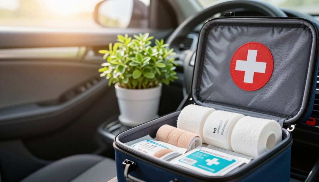 A well-organized car first aid kit displayed prominently in a bright, well-lit environment. In the foreground, the open kit reveals neatly arranged medical supplies, including sterile bandages, antiseptic wipes, and gauze rolls, all labeled with clear expiration dates. The middle ground features a healthy, green plant adding a touch of calmness, symbolizing care and safety. The background consists of a slightly blurred car interior, with the sun shining through the window, creating a warm and inviting atmosphere. This scene conveys a sense of preparedness and importance of checking the expiration dates of the materials, emphasizing the reliability of having a well-stocked first aid kit in a vehicle. The image features a soft focus, with a slightly elevated angle to draw attention to the kit's contents. A well-organized car first aid kit displayed prominently in a bright, well-lit environment. In the foreground, the open kit reveals neatly arranged medical supplies, including sterile bandages, antiseptic wipes, and gauze rolls, all labeled with clear expiration dates. The middle ground features a healthy, green plant adding a touch of calmness, symbolizing care and safety. The background consists of a slightly blurred car interior, with the sun shining through the window, creating a warm and inviting atmosphere. This scene conveys a sense of preparedness and importance of checking the expiration dates of the materials, emphasizing the reliability of having a well-stocked first aid kit in a vehicle. The image features a soft focus, with a slightly elevated angle to draw attention to the kit's contents.
