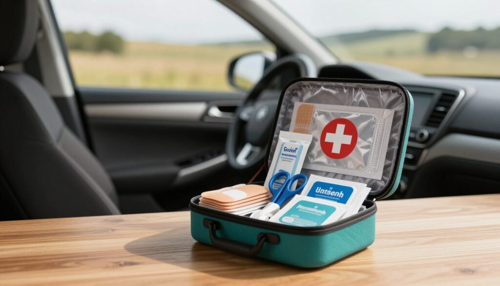 A well-organized car first aid kit, prominently displayed in the foreground on a clean, wooden surface. The kit is open, revealing neatly arranged contents: a variety of bandages, antiseptic wipes, scissors, and a CPR mask, all in bright, clear packaging. In the middle ground, a soft-focus view of a car interior is observable, showcasing the driver's seat and dashboard, hinting at the kit's practical use during road trips. The background features a blurred scenic landscape visible through the car windows, suggesting adventure and safety. The lighting is warm and inviting, casting soft shadows, creating a reassuring and reliable mood. The overall atmosphere conveys preparedness and peace of mind for any journey. A well-organized car first aid kit, prominently displayed in the foreground on a clean, wooden surface. The kit is open, revealing neatly arranged contents: a variety of bandages, antiseptic wipes, scissors, and a CPR mask, all in bright, clear packaging. In the middle ground, a soft-focus view of a car interior is observable, showcasing the driver's seat and dashboard, hinting at the kit's practical use during road trips. The background features a blurred scenic landscape visible through the car windows, suggesting adventure and safety. The lighting is warm and inviting, casting soft shadows, creating a reassuring and reliable mood. The overall atmosphere conveys preparedness and peace of mind for any journey.