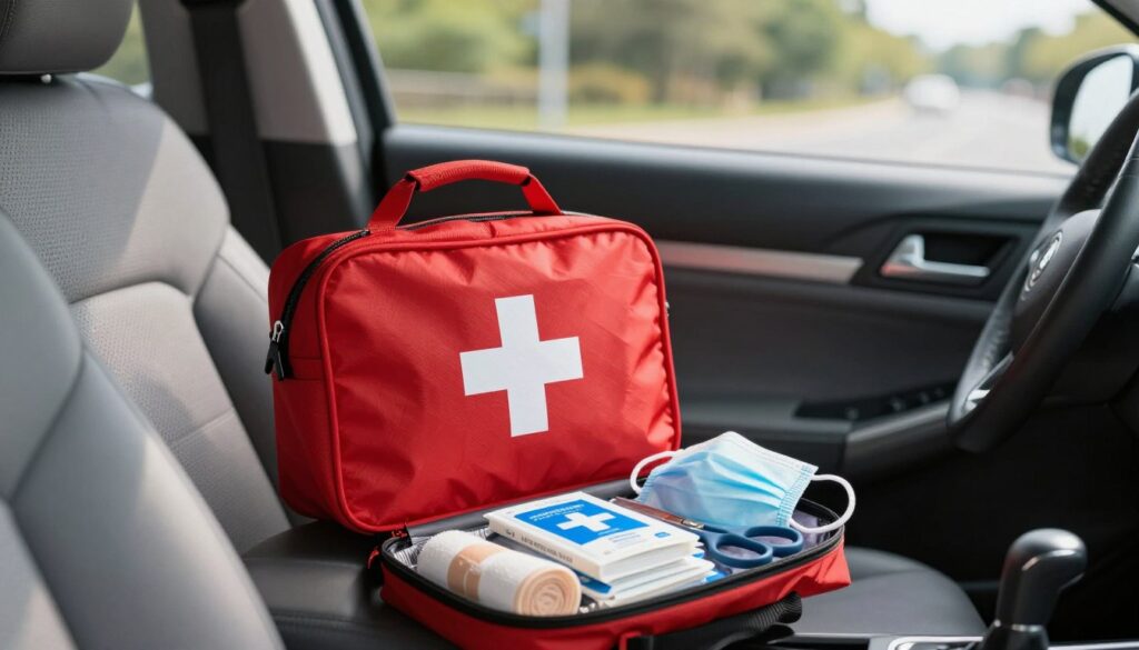 A well-organized car first aid kit, prominently displayed on the front passenger seat of a car. The kit features a bright red bag with a white cross symbol, partially opened to reveal its contents: bandages, antiseptic wipes, a pair of scissors, and a CPR mask. The car interior is spacious and modern, with soft natural lighting streaming in through the side window, casting gentle shadows. In the background, a blurred view of the road and greenery outside, suggesting a safe and peaceful environment. The mood is informative and reassuring, emphasizing the importance of being prepared in case of emergencies. The focus should be clear on the first aid kit, highlighting its essential role in road safety. A well-organized car first aid kit, prominently displayed on the front passenger seat of a car. The kit features a bright red bag with a white cross symbol, partially opened to reveal its contents: bandages, antiseptic wipes, a pair of scissors, and a CPR mask. The car interior is spacious and modern, with soft natural lighting streaming in through the side window, casting gentle shadows. In the background, a blurred view of the road and greenery outside, suggesting a safe and peaceful environment. The mood is informative and reassuring, emphasizing the importance of being prepared in case of emergencies. The focus should be clear on the first aid kit, highlighting its essential role in road safety.