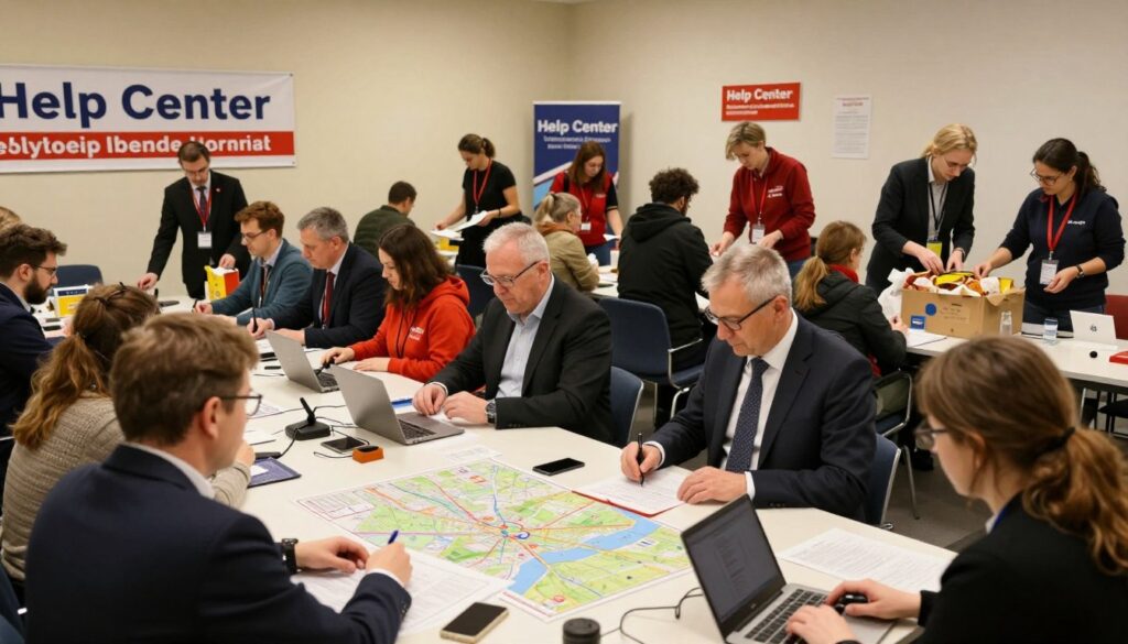 A well-organized emergency assistance center in Poland, featuring a diverse group of people dressed in professional business attire and modest casual clothing, actively coordinating logistics for evacuees. In the foreground, focus on a meeting table with maps, charts, and communication devices. The middle ground displays volunteers assisting individuals and families while directing them to resources, like food and shelter. In the background, large banners and signs signify “Help Center” in English and Polish. The scene is illuminated by soft, warm lighting to convey a sense of safety and hope. Use a wide-angle lens to capture the dynamic environment, emphasizing cooperation and community support during a crisis. The mood is one of urgency yet compassion. A well-organized emergency assistance center in Poland, featuring a diverse group of people dressed in professional business attire and modest casual clothing, actively coordinating logistics for evacuees. In the foreground, focus on a meeting table with maps, charts, and communication devices. The middle ground displays volunteers assisting individuals and families while directing them to resources, like food and shelter. In the background, large banners and signs signify “Help Center” in English and Polish. The scene is illuminated by soft, warm lighting to convey a sense of safety and hope. Use a wide-angle lens to capture the dynamic environment, emphasizing cooperation and community support during a crisis. The mood is one of urgency yet compassion.