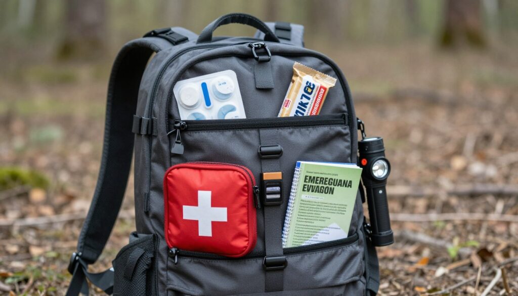 A well-organized emergency evacuation backpack, prominently displayed in the foreground, features essential items like a first-aid kit, water purification tablets, energy bars, a flashlight, and a compact survival guide. The backpack, rugged and durable, is set against a neutral background that suggests a natural outdoor environment, like a park or forest, hinting at the preparedness for sudden emergencies. Soft, diffused natural lighting illuminates the scene, casting gentle shadows that add depth. The atmosphere is calm yet focused, emphasizing the importance of readiness without causing panic. The angle is slightly elevated, showcasing the bag's contents in detail while maintaining a sense of order and practicality. The image presents a mood of preparedness and resilience.