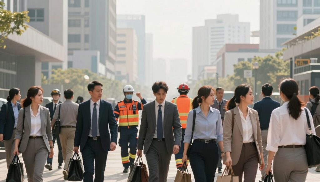 A well-organized emergency evacuation scenario in a modern urban environment. In the foreground, a diverse group of people, dressed in professional business attire, are calmly gathering their belongings and assisting one another, displaying a sense of urgency yet order. In the middle ground, emergency responders in uniforms are directing individuals to safe exits, showcasing teamwork and effective communication. The background features a cityscape with tall buildings, partially obscured by a haze, suggesting an ongoing emergency. Soft, natural lighting conveys a warm yet serious atmosphere, while a slight upward angle creates a sense of hope and resolution amidst the chaos. A well-organized emergency evacuation scenario in a modern urban environment. In the foreground, a diverse group of people, dressed in professional business attire, are calmly gathering their belongings and assisting one another, displaying a sense of urgency yet order. In the middle ground, emergency responders in uniforms are directing individuals to safe exits, showcasing teamwork and effective communication. The background features a cityscape with tall buildings, partially obscured by a haze, suggesting an ongoing emergency. Soft, natural lighting conveys a warm yet serious atmosphere, while a slight upward angle creates a sense of hope and resolution amidst the chaos.