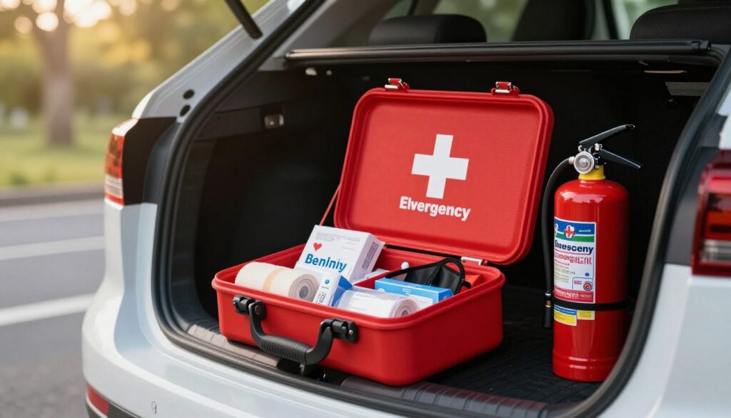 A well-organized emergency kit, featuring a compact first aid box and a sleek fire extinguisher, displayed prominently in the foreground. The first aid kit, vibrant red with medical symbols, is open, showcasing neatly arranged supplies like bandages, antiseptics, and a CPR mask. In the middle ground, a vehicle setting with an open car trunk, emphasizing the practicality of having these safety tools readily accessible for drivers. The background includes a softly blurred outdoor environment, suggesting a roadside scene, ideal for emergencies. Natural light filters through trees, casting a warm glow, creating a mood of preparedness and security. The camera angle is slightly elevated, providing a comprehensive view of the kit's contents and surroundings, emphasizing the importance of quality safety equipment for health. A well-organized emergency kit, featuring a compact first aid box and a sleek fire extinguisher, displayed prominently in the foreground. The first aid kit, vibrant red with medical symbols, is open, showcasing neatly arranged supplies like bandages, antiseptics, and a CPR mask. In the middle ground, a vehicle setting with an open car trunk, emphasizing the practicality of having these safety tools readily accessible for drivers. The background includes a softly blurred outdoor environment, suggesting a roadside scene, ideal for emergencies. Natural light filters through trees, casting a warm glow, creating a mood of preparedness and security. The camera angle is slightly elevated, providing a comprehensive view of the kit's contents and surroundings, emphasizing the importance of quality safety equipment for health.