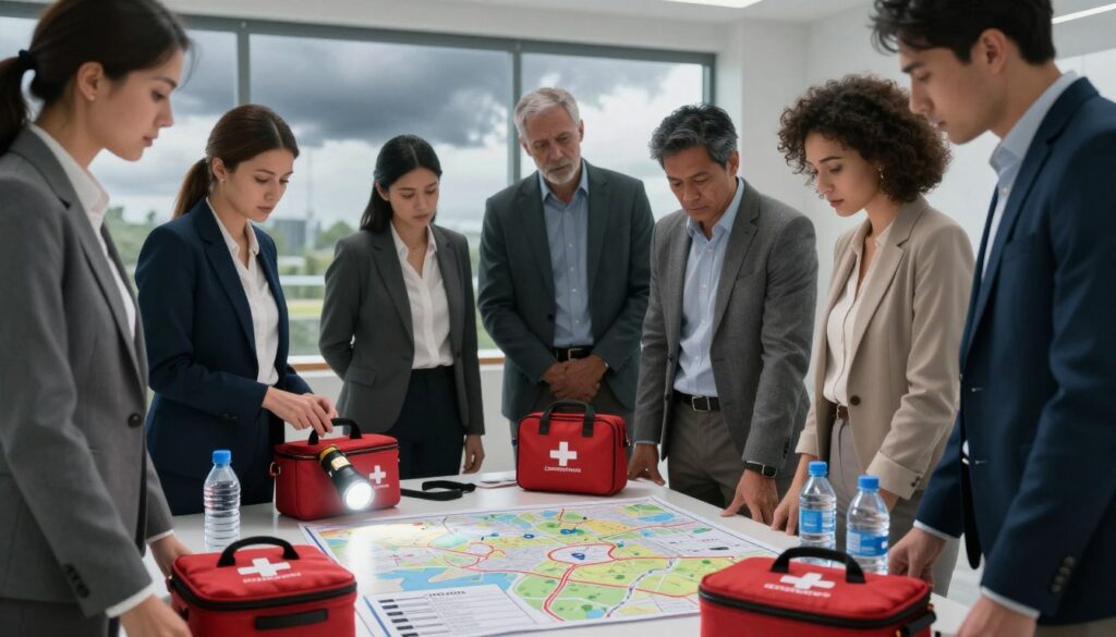 A well-organized emergency preparedness scene depicting individuals in a professional setting, preparing for evacuation. In the foreground, a diverse group of men and women, dressed in business attire, gather essential supplies such as first aid kits, flashlights, and bottled water. They display focused expressions, discussing their plan. In the middle ground, a large table is covered with maps and a checklist outlining critical evacuation steps. The background features a window showing a cloudy sky, hinting at an impending storm. Soft, diffuse lighting casts an urgent yet composed atmosphere over the scene, shot with a slight angle to emphasize teamwork and urgency, while maintaining a clear, focused foreground.